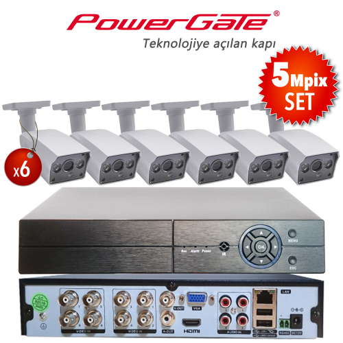 POWERGATE NEON-6B-K10  5Mpix 6 Kameralı Set. NEON-K10 6adet Bullet Kamera, FLASH-B08 5Mpix 8Kanal DVR
