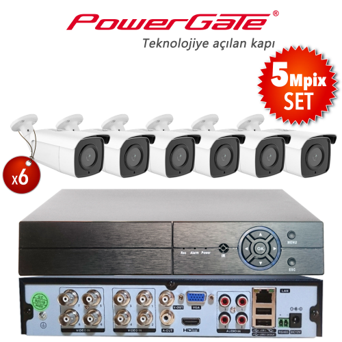 POWERGATE NEON-6B-K11  5Mpix 6 Kameralı Set. NEON-K11 6adet Bullet Kamera, FLASH-B08 5Mpix 8Kanal DVR