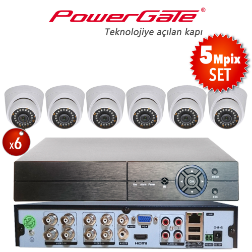 POWERGATE NEON-6D-K01  5Mpix 6 Kameralı Set. NEON-K01 6adet Dome, FLASH-B08 5Mpix 8Kanal DVR