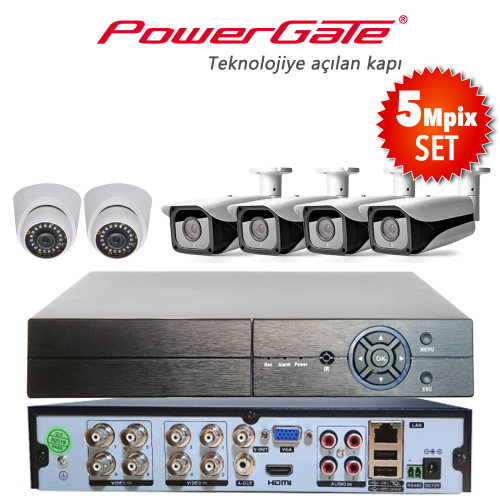 POWERGATE NEON-6DB-K20  5Mpix 6 Kameralı Set. NEON-K01 2adet Dome, NEON-K20 4adet Bullet Kamera, FLASH-B08 5Mpix 8Kanal DVR