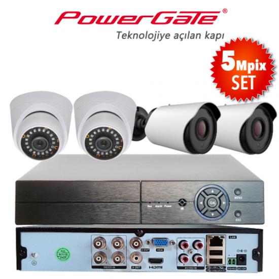 POWERGATE NEON-4DB-K12  5Mpix 4 Kameralı Set. NEON-K01 2adet Dome, NEON-K12 2adet Bullet Kamera, FLASH-B04 5Mpix 4Kanal DVR