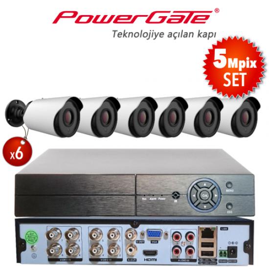 POWERGATE NEON-6B-K12  5Mpix 6 Kameralı Set. NEON-K12 6adet Bullet Kamera, FLASH-B08 5Mpix 8Kanal DVR