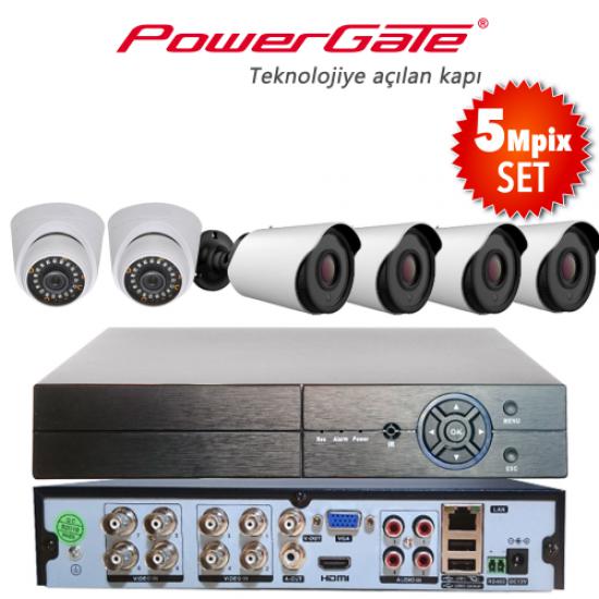 POWERGATE NEON-6DB-K12  5Mpix 6 Kameralı Set. NEON-K01 2adet Dome, NEON-K12 4adet Bullet Kamera, FLASH-B08 5Mpix 8Kanal DVR