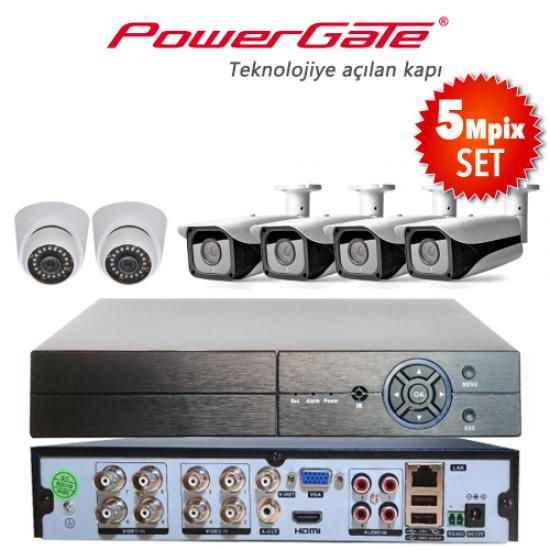 POWERGATE NEON-6DB-K20  5Mpix 6 Kameralı Set. NEON-K01 2adet Dome, NEON-K20 4adet Bullet Kamera, FLASH-B08 5Mpix 8Kanal DVR