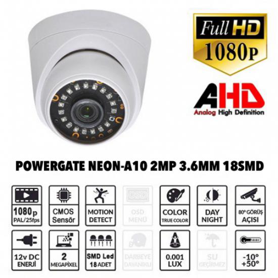 POWERGATE NEON-A10 2Mpix, 18adet Led, 30Mt Gece Görüşü, 3,6mm Lens, Plastik Dome Kamera