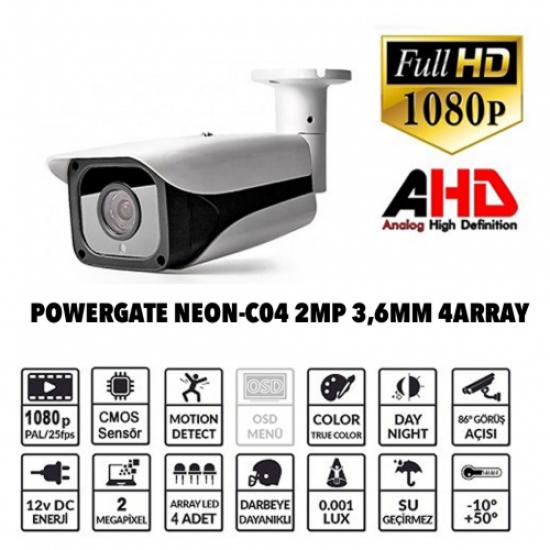 POWERGATE NEON-C04 2Mpix, 4Array  Led, 70Mt Gece Görüş, 3,6mm Lens, Dış Mekan Büyük Metal Kamera