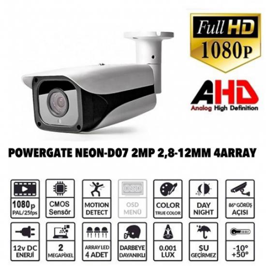 POWERGATE NEON-D07 2Mpix, 4Array  Led, 70Mt Gece Görüş, 2,8-12mm Lens, Dış Mekan Büyük Metal Kamera