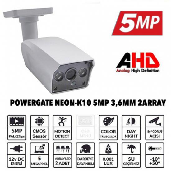 POWERGATE NEON-K10 5Mpix, 2adet Array Led, 40Mt  Gece Görüşü, 3,6mm Lens, Metal Bullet Kamera