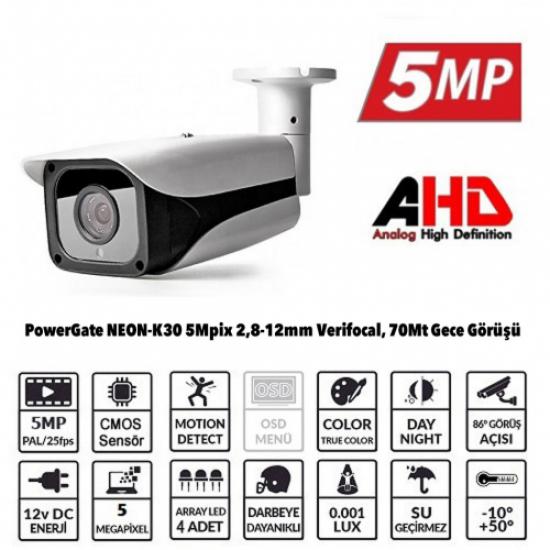 POWERGATE NEON-K30 5Mpix, 4adet Array Led, 70Mt Gece Görüş, 2,8-12mm Lens, Dış Mekan Büyük Metal Kamera