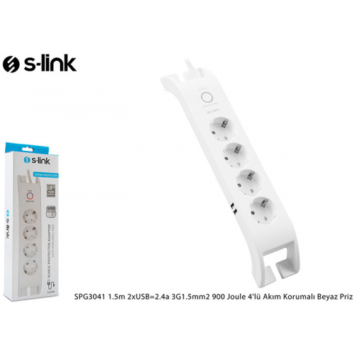 S-LINK SPG3041 Akım Korumalı 2Mt 2xUSB 2.4A 3G1.5mm2 900 Joule 4lü Priz (Beyaz)