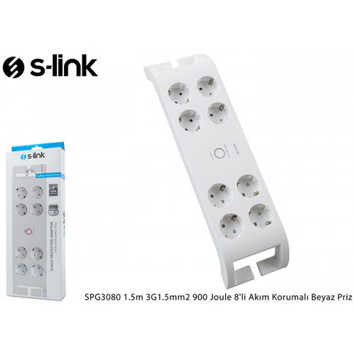 S-LINK SPG3080 Akım Korumalı 2Mt 3G1.5mm2  900 Joule  8li Priz (Beyaz)