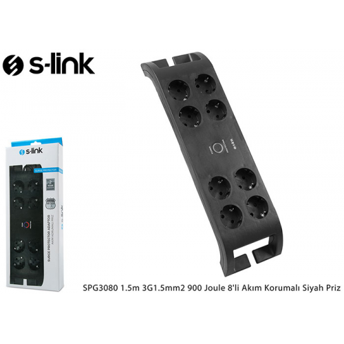 S-LINK SPG3080 Akım Korumalı 2Mt 3G1.5mm2  900 Joule  8li Priz (Siyah)