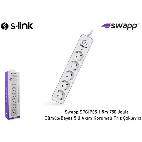 S-LINK Swapp SPGIP05 Akım Korumalı  5li Priz 1,5Mt Kablo (Gümüş-Beyaz)